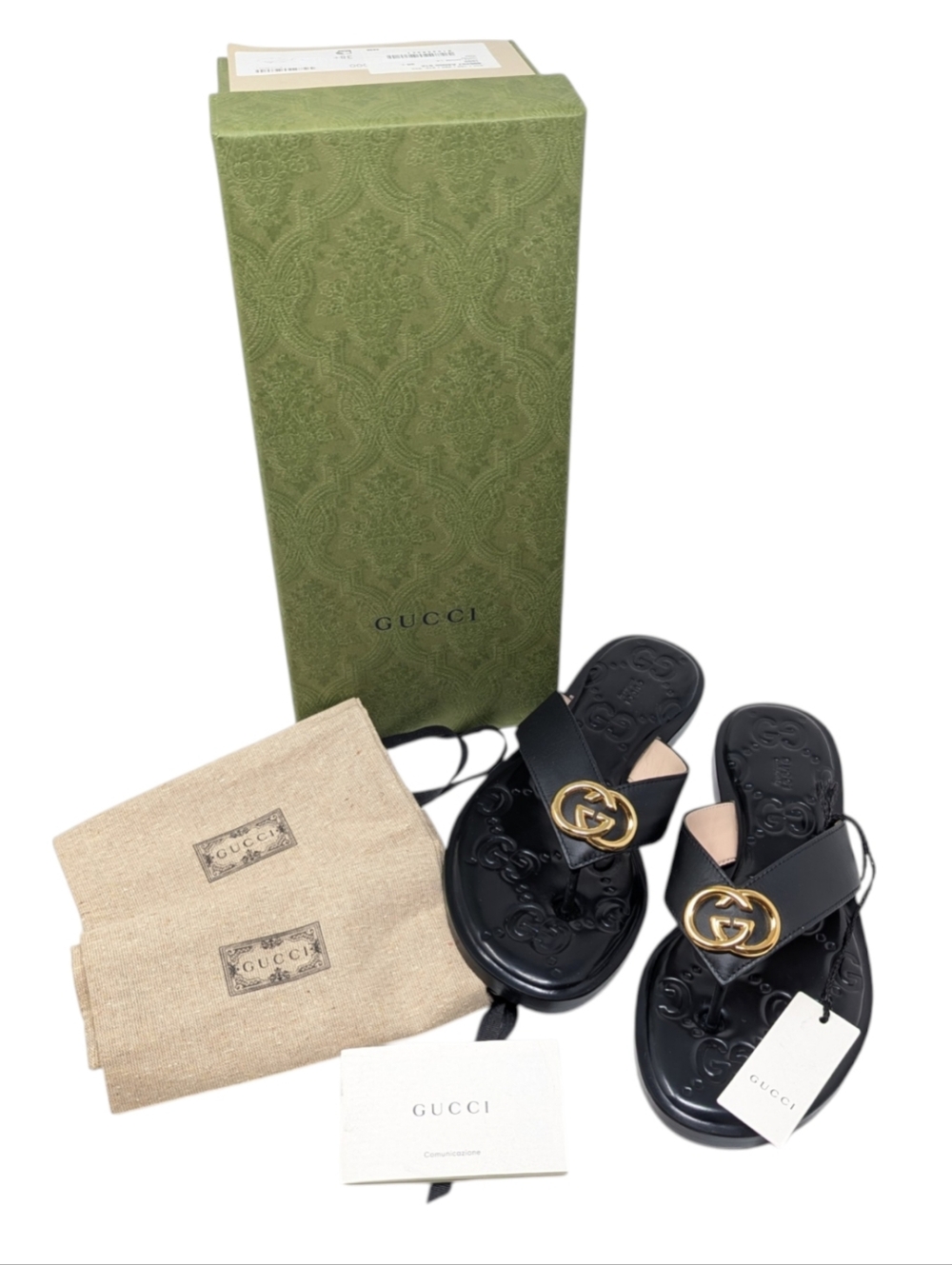 NIB Gucci Interlocking GG Black Thong Leather Flip Flop Sandals Size EU 38.5 - Picture 10 of 10